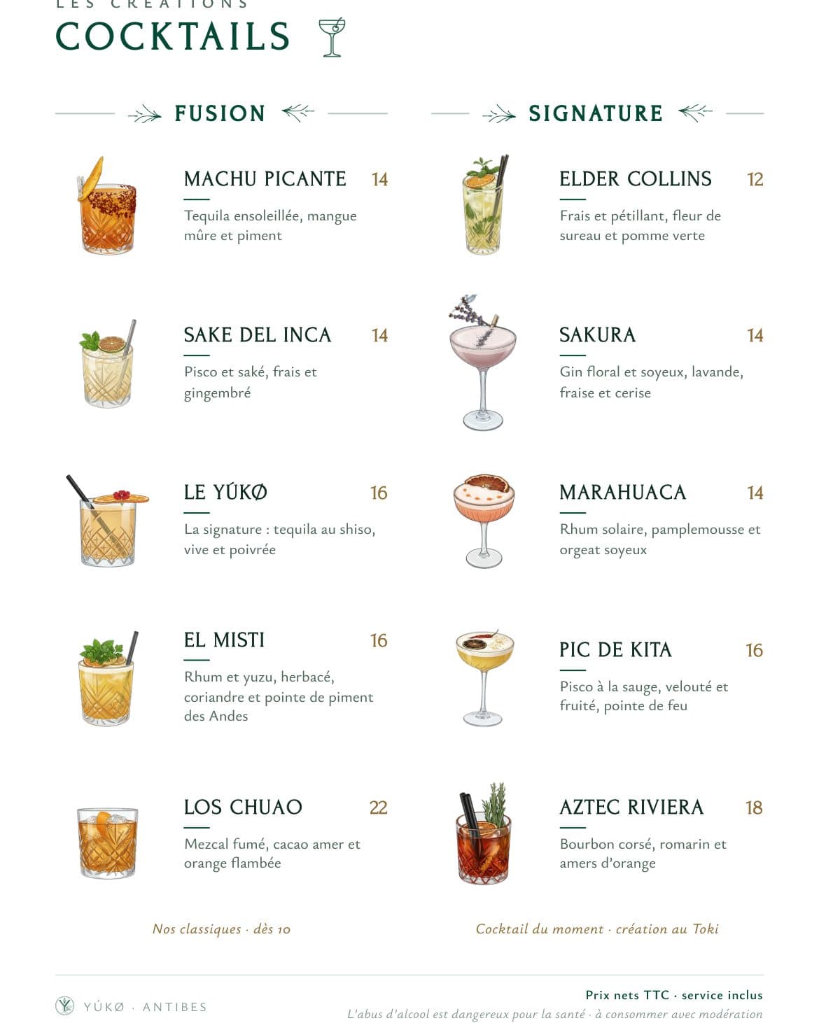 Page cocktails de la carte Yúkø